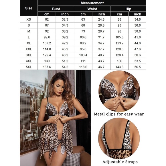 Avidlove Leopard Print Lace Babydoll Strap V Neck Lingerie Chemise - Picture 5 of 9